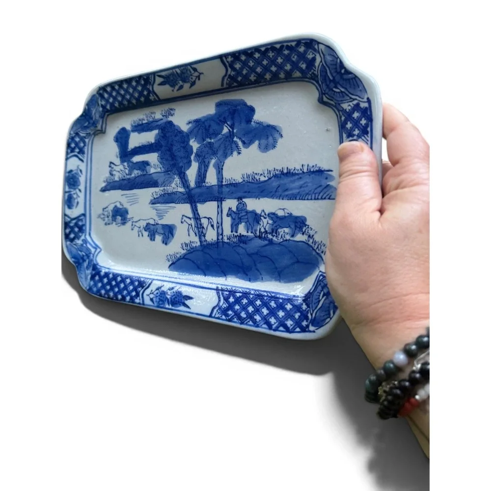 Vintage Blue + White Porcelain Rectangular Platter | Chinoiserie Horse Landscape
